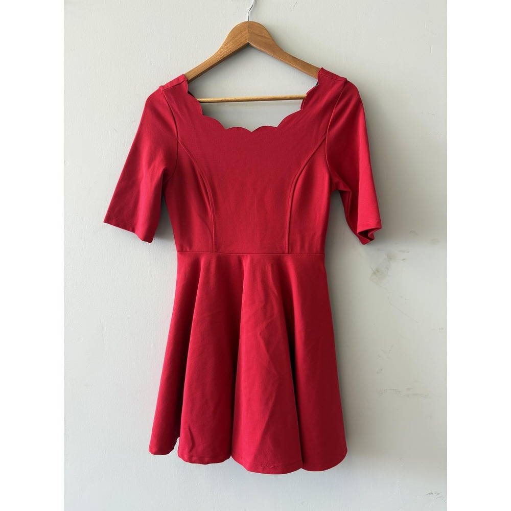 Lulus Dress Womens S Red Scallop Neck Fit & Flare Knit Half Sleeve Mini Skater
